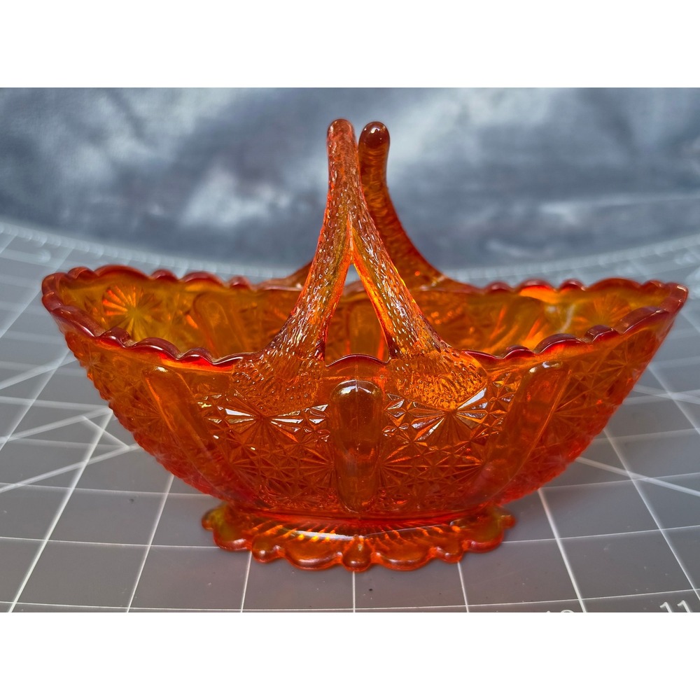 Vintage Amberina Glass Basket Daisy and Button Pattern Orange Red 6 Inch